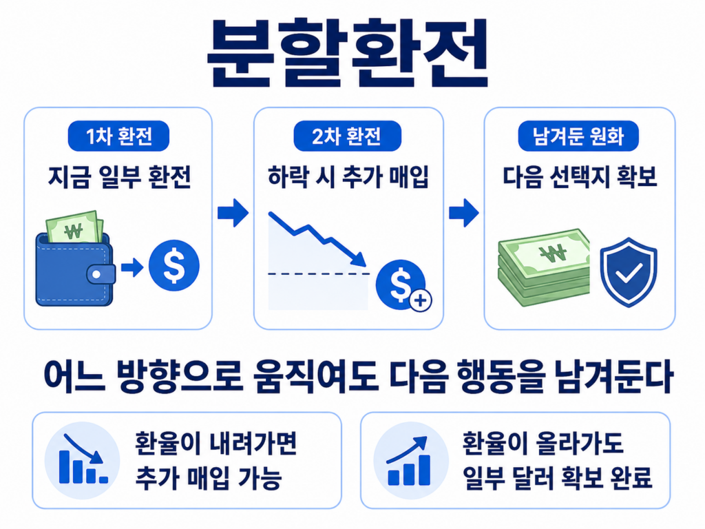 환율이 어떤 방향으로 움직여도 다음 행동을 남겨야 합니다. 투자를 위한 환전도 주식 매수와 마찬가지로 분할해서 진행해야 합니다.