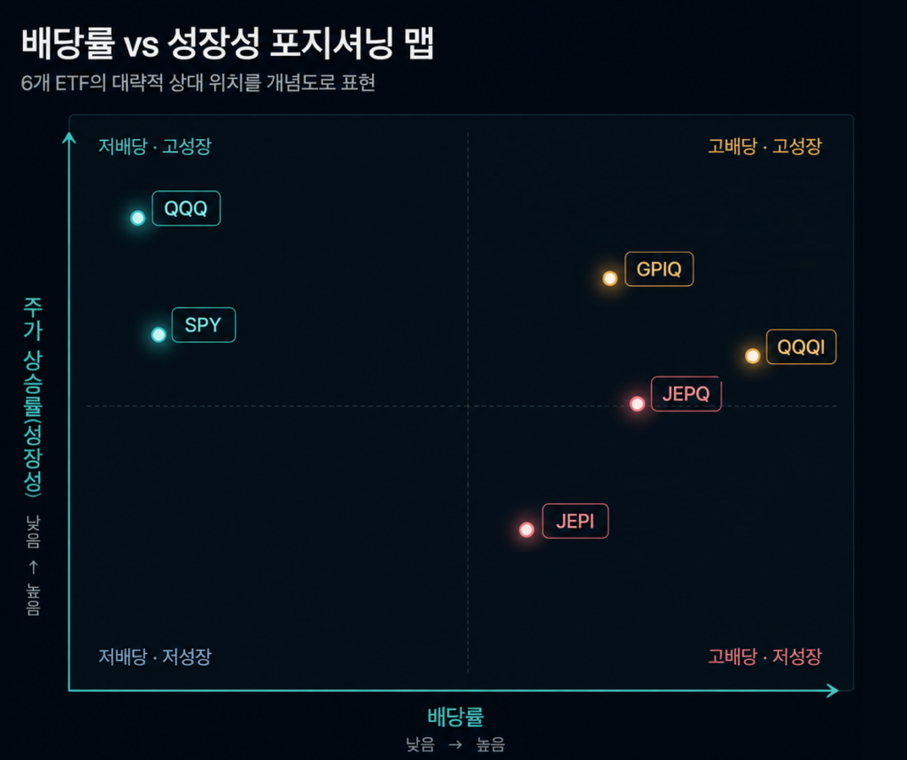 QQQ, SPY, GPIQ, QQQI, JEPQ, JEPI의 배당률과 성장성 포지셔닝