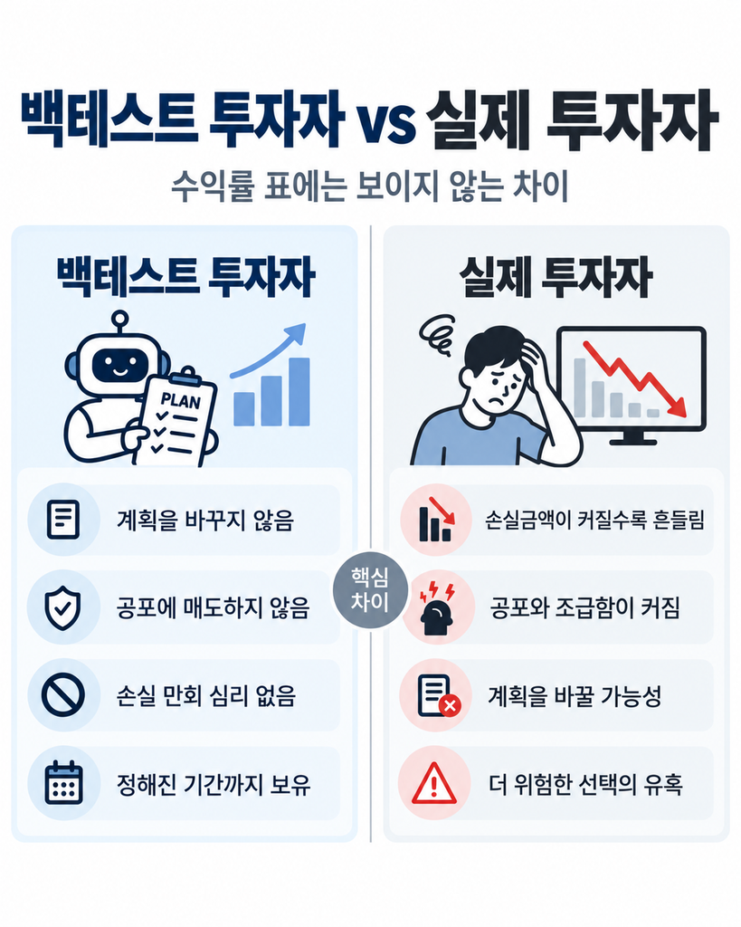 백테스트 투자자는 계획을 바꾸지 않고 정해진 기간까지 보유하지만, 실제 투자자는 손실금액이 커질수록 공포와 조급함으로 계획을 바꾸거나 더 위험한 선택을 할 수 있음을 비교한 인포그래픽.